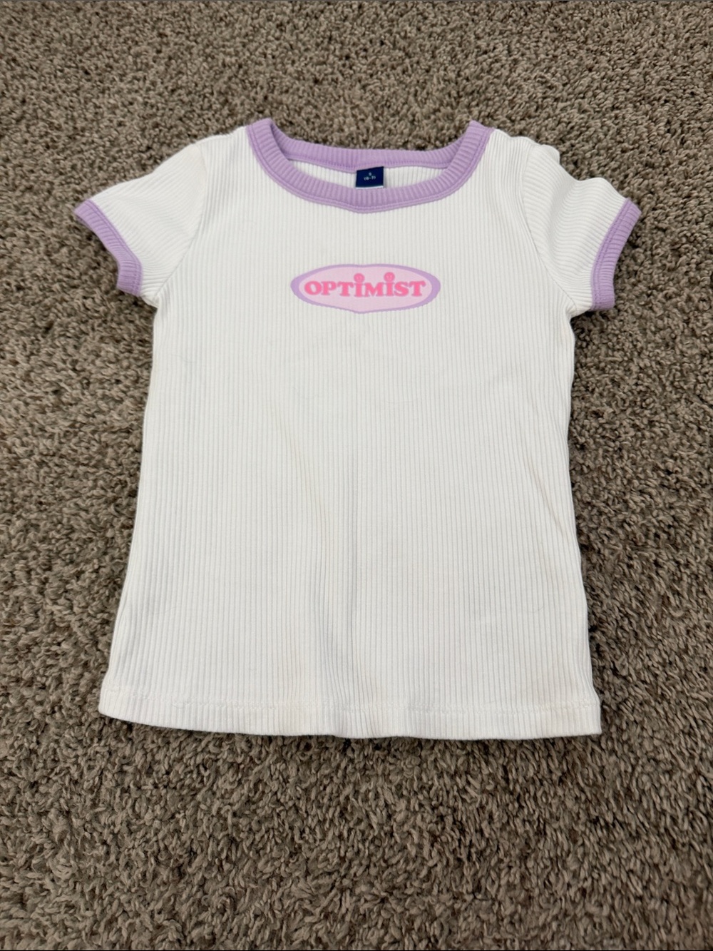 Old Navy White Ribbed Tee with Lavender Trim and Pink 'OPTIMIST' Graphic